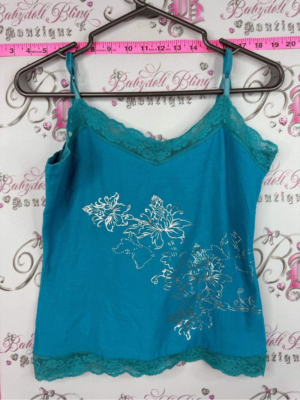 Lana y2k Women’s Teal Lace-Trim Camisole Top with Floral Detail